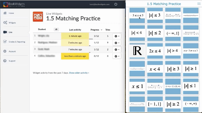 Live Widgets leaderboard view showing real-time classroom progress tracking