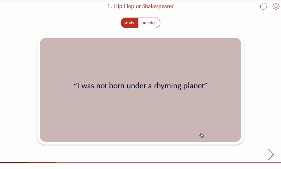 Interactive flashcard activity comparing Hip Hop lyrics and Shakespearean quotes