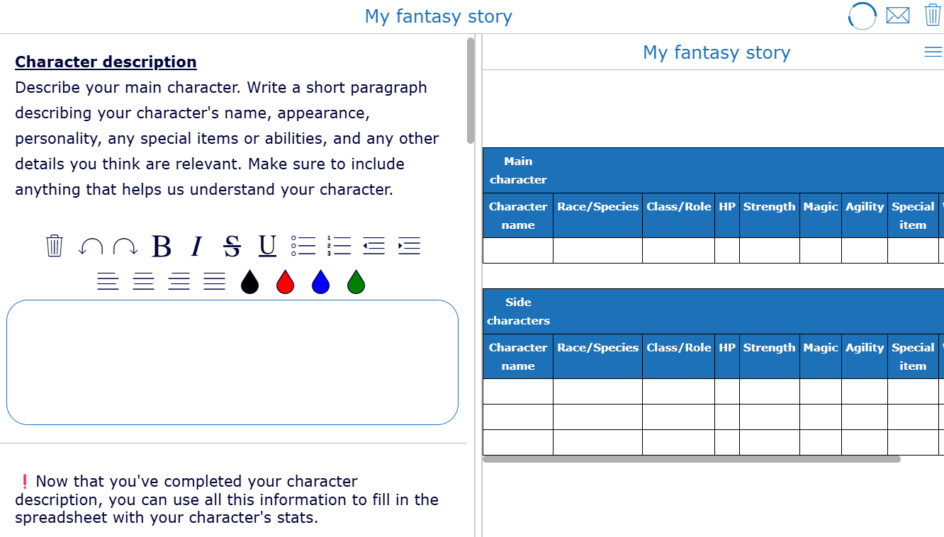 Fantasy character stats spreadsheet in classroom writing exercise