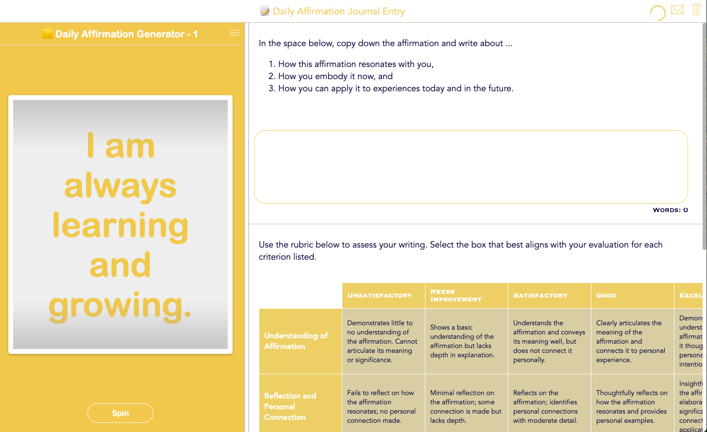 BookWidgets split worksheet activity showing a daily affirmation and reflection prompts for student journaling