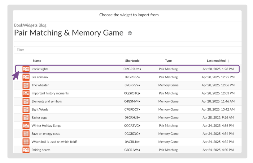 Selecting the widget to import content from in BookWidgets