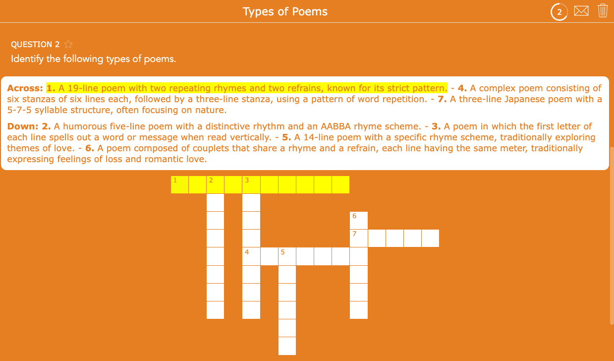 Crossword question type shown in BookWidgets quiz editor