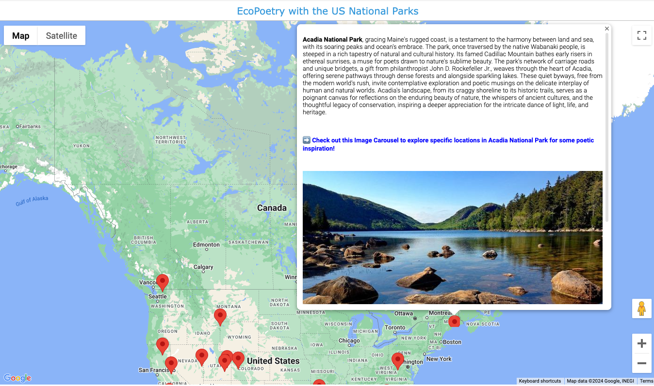 Interactive Google Map with National Parks and poetry writing prompts