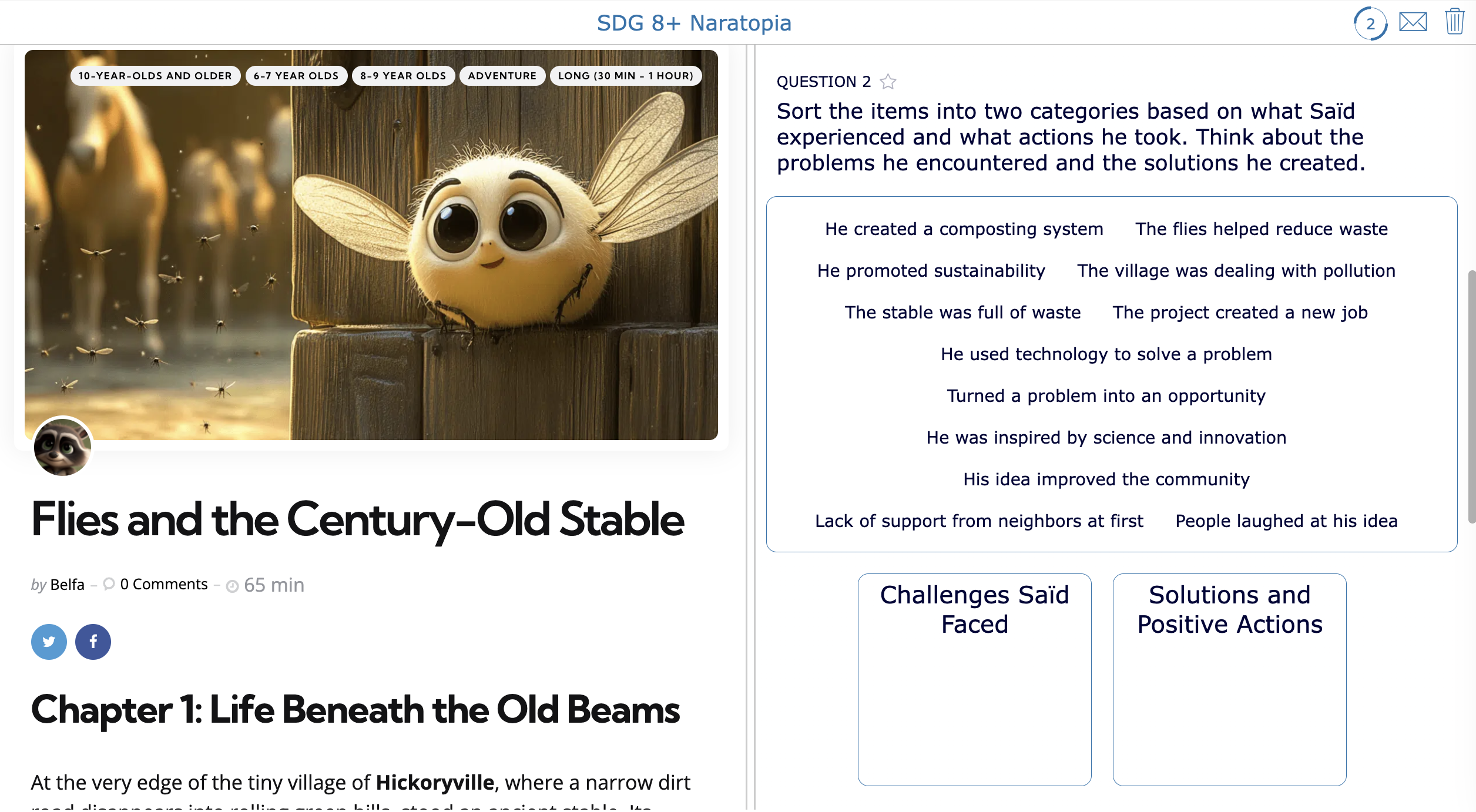 Screenshot of a Split Worksheet activity titled “Flies and the Century-Old Stable,” showing the story on the left and comprehension questions on the right, designed to help students explore entrepreneurship and problem-solving in connection to SDG 8.