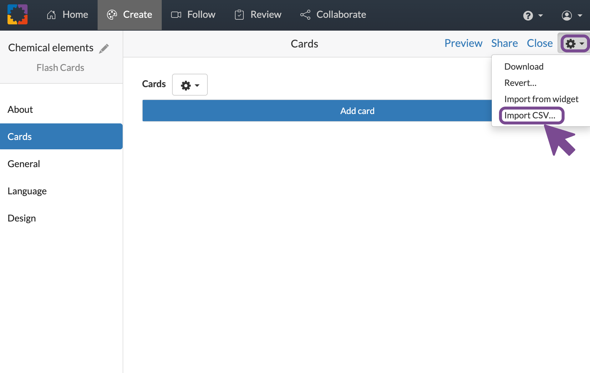 Screenshot of BookWidgets import menu from the cogwheel icon