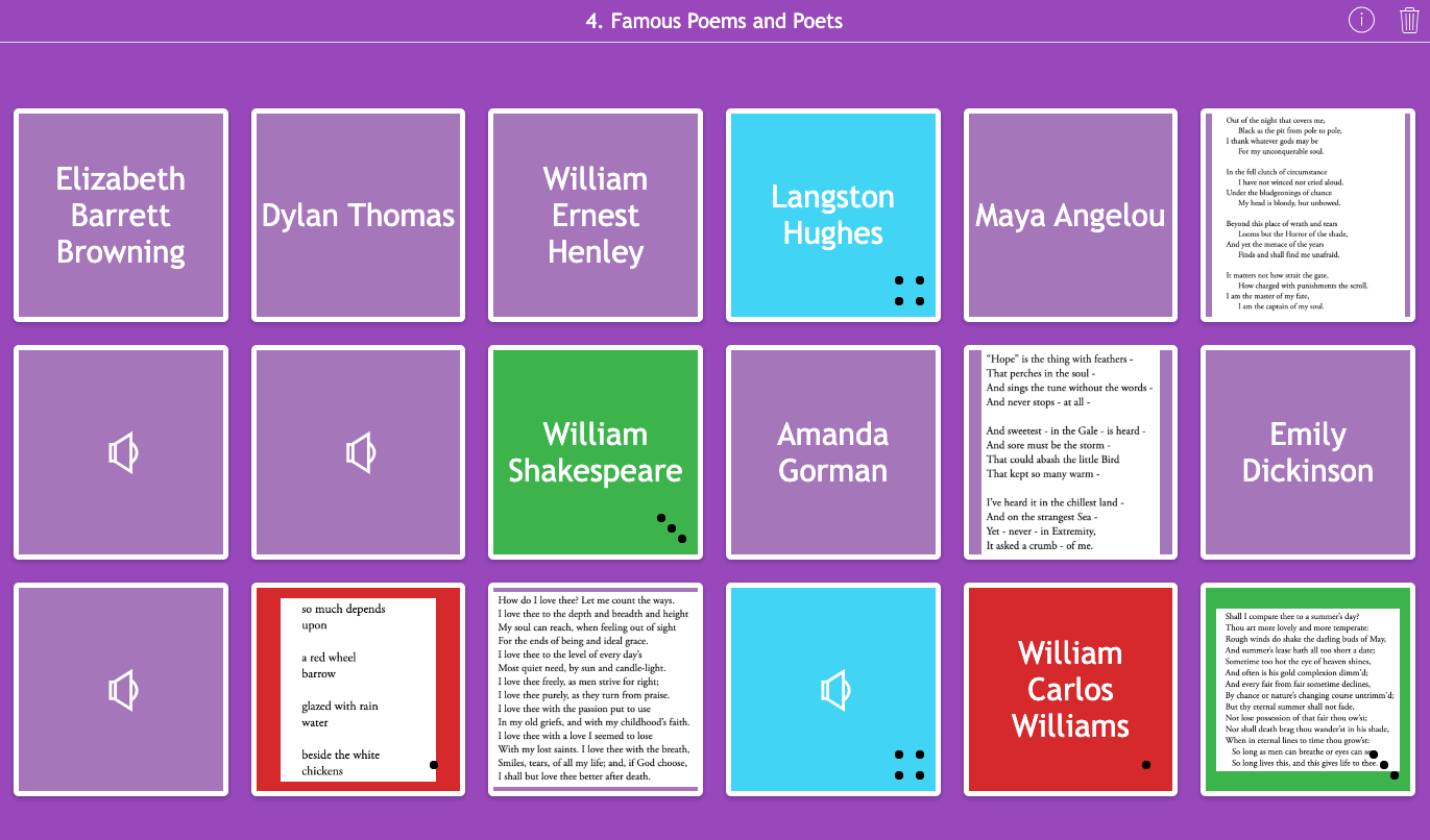 Interactive pair matching activity connecting famous poets to their poems