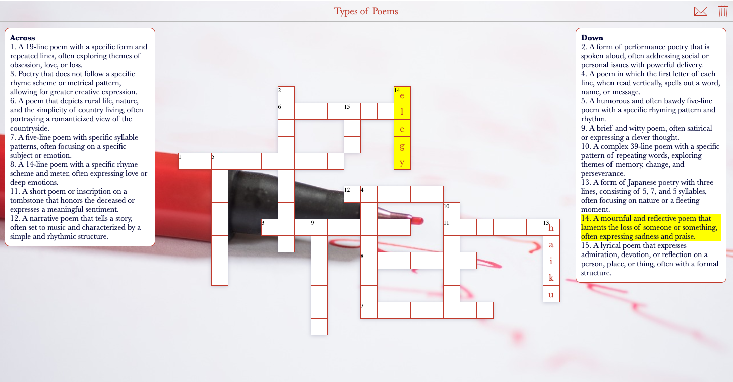 Crossword puzzle teaching poetic forms and definitions