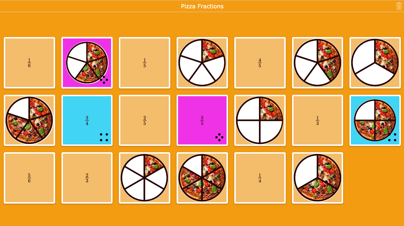Pizza fraction pair matching game for visual fraction recognition