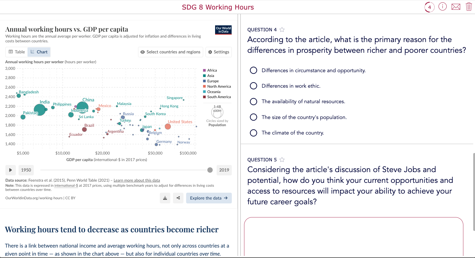 Our world in data working hours split worksheet