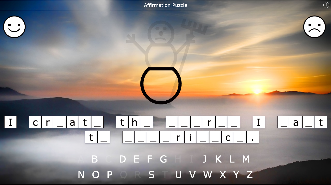 BookWidgets Snowman game where students guess letters to reveal a daily affirmation message