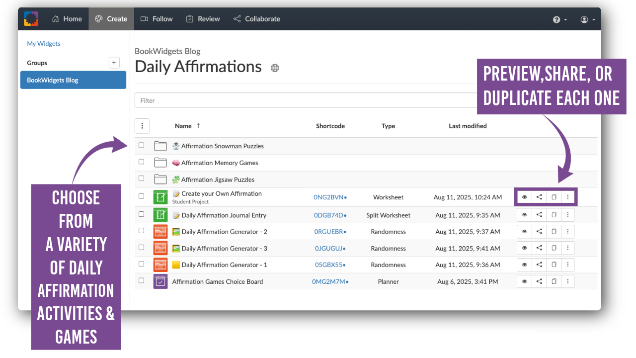 BookWidgets group folder containing daily affirmation puzzles and other SEL activities for teachers