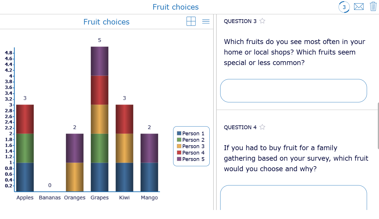 Interactive fruit survey with live-updating stacked bar chart in split worksheet