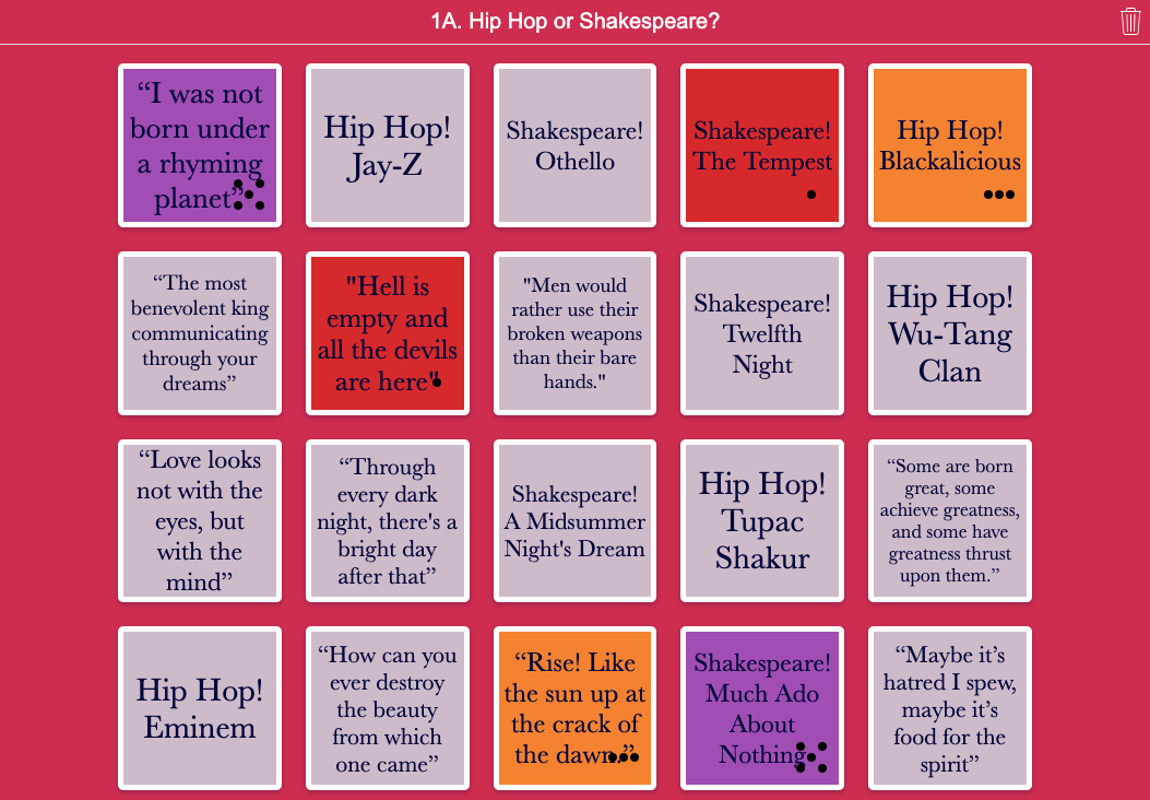 Digital matching game to identify poetic lines from Hip Hop artists and Shakespeare