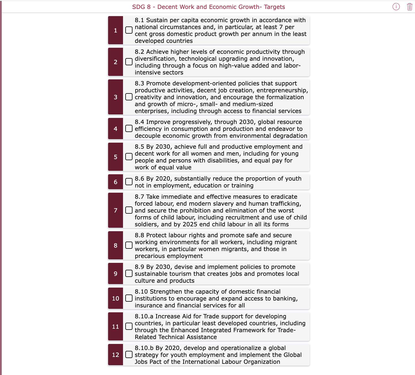checklist with all the themes and target goals set for SDG 8