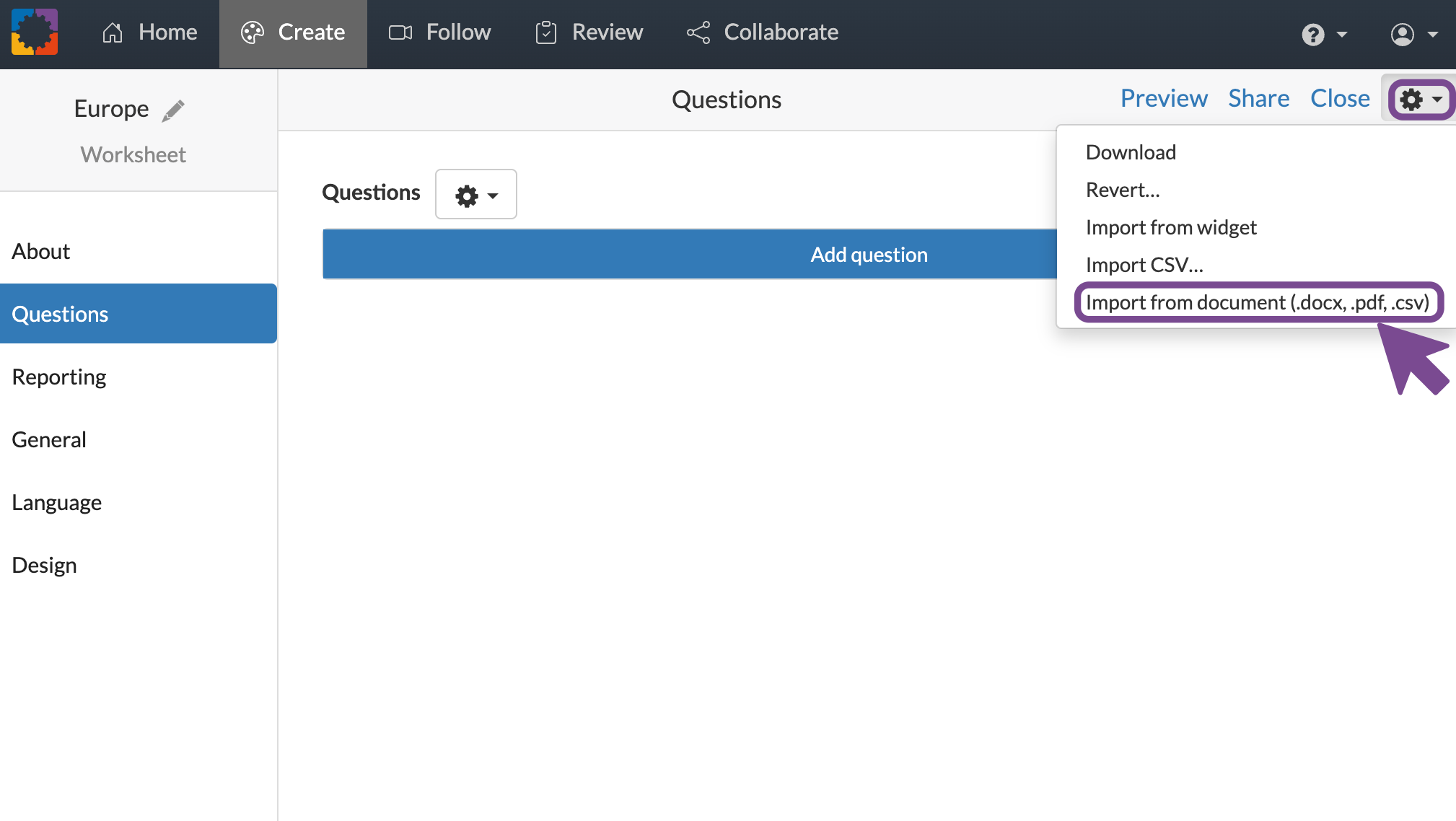 Screenshot of BookWidgets import menu from the cogwheel icon