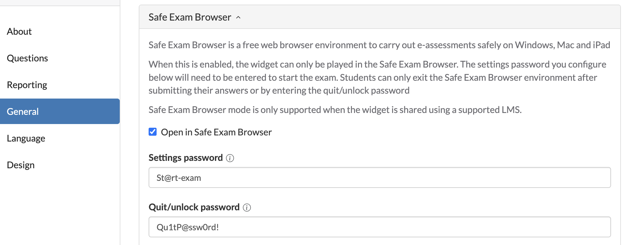 Enable safe exam browser in BookWidgets