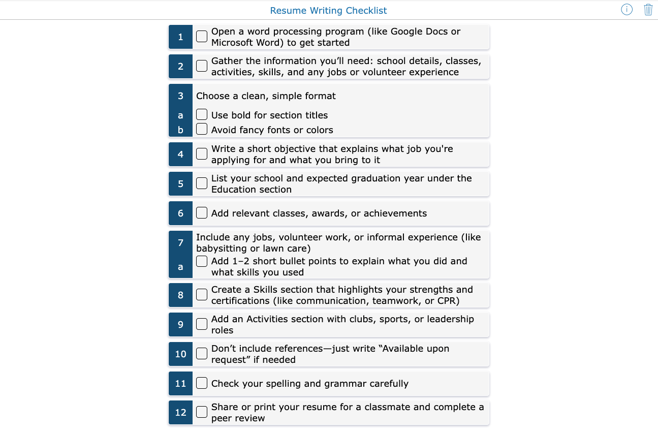 student resume-writing checklist activity created with BookWidgets, showing step-by-step tasks to help middle and high school students build their first resume