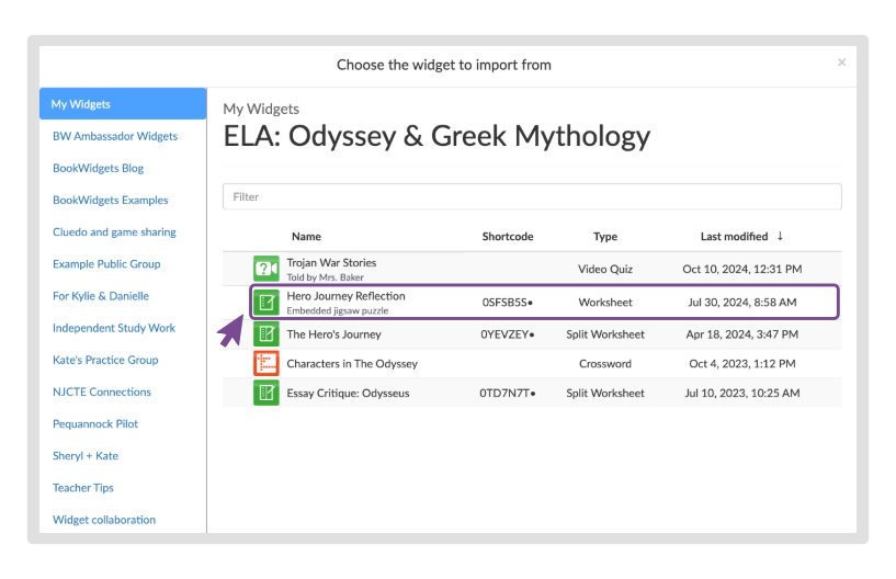 Interface for selecting from which widget to import