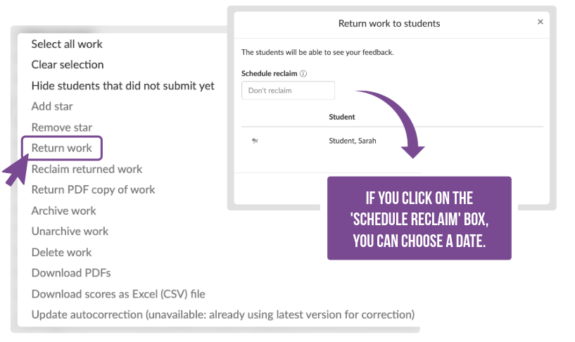 BookWidgets settings for scheduling feedback release and reclaim dates, allowing teachers to control when students can view exam results and comments