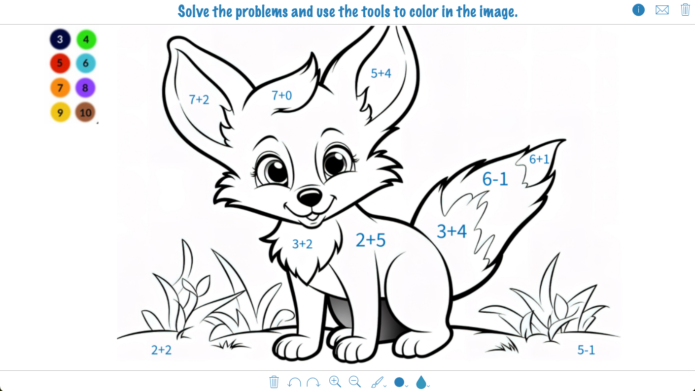 Paint by number fox image in Whiteboard widget for math coloring activity
