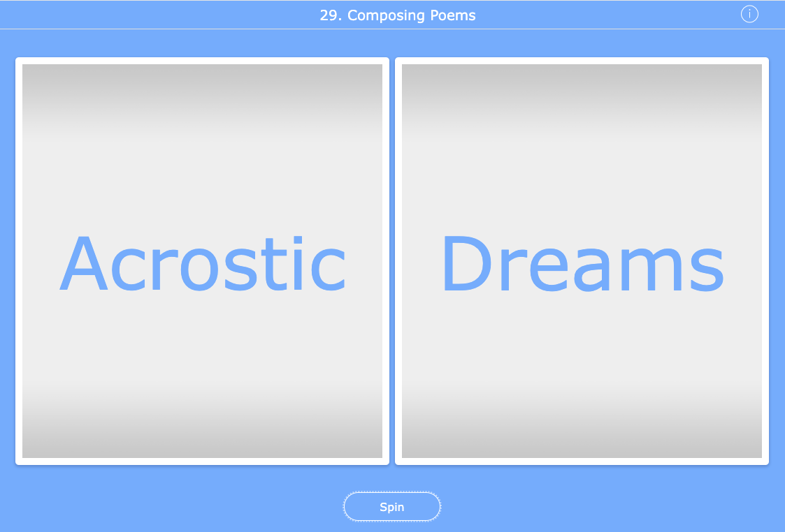 Spinner selecting poetic forms and topics for spontaneous writing practice
