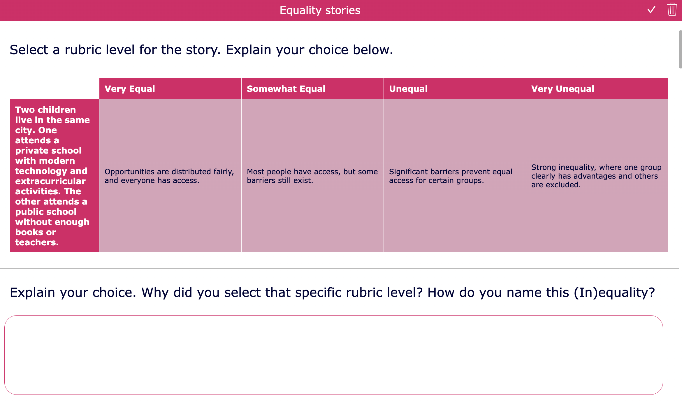 Equality stories worksheet on SDG 10