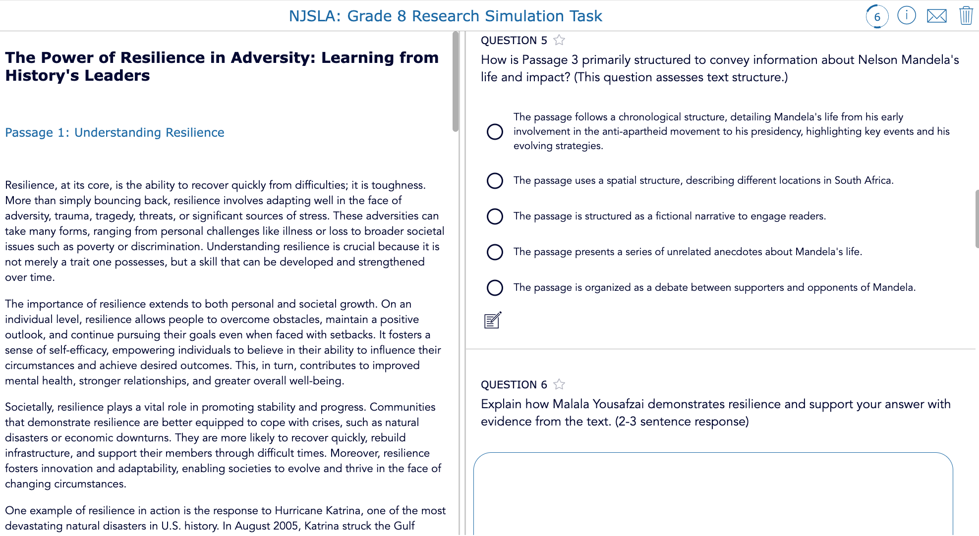 Grade 8 NJSLA practice test on resilience created with the BookWidgets Split Worksheet, featuring multiple texts, rubric-based self-assessment, and embedded reading resources