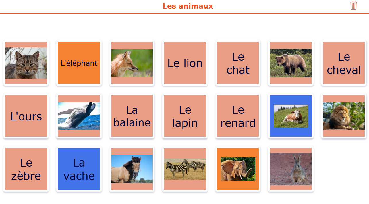 BookWidgets Pair Matching activity for practicing foreign language vocabulary, featuring animal images matched with their names in French