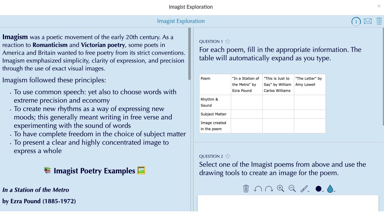 Lesson introducing Imagist poetry through examples and interactive response