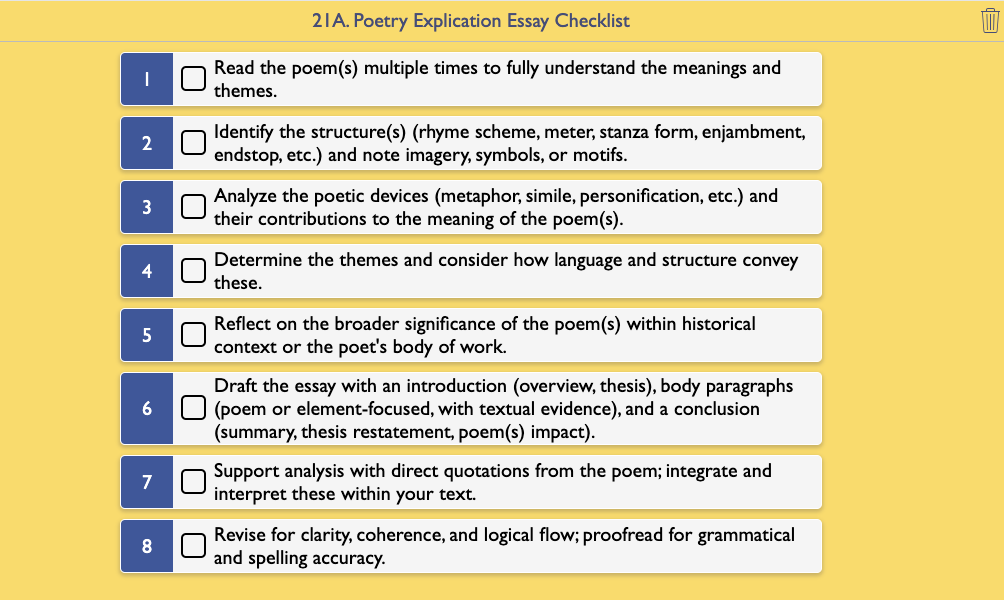 Student checklist guiding poetry analysis and essay composition
