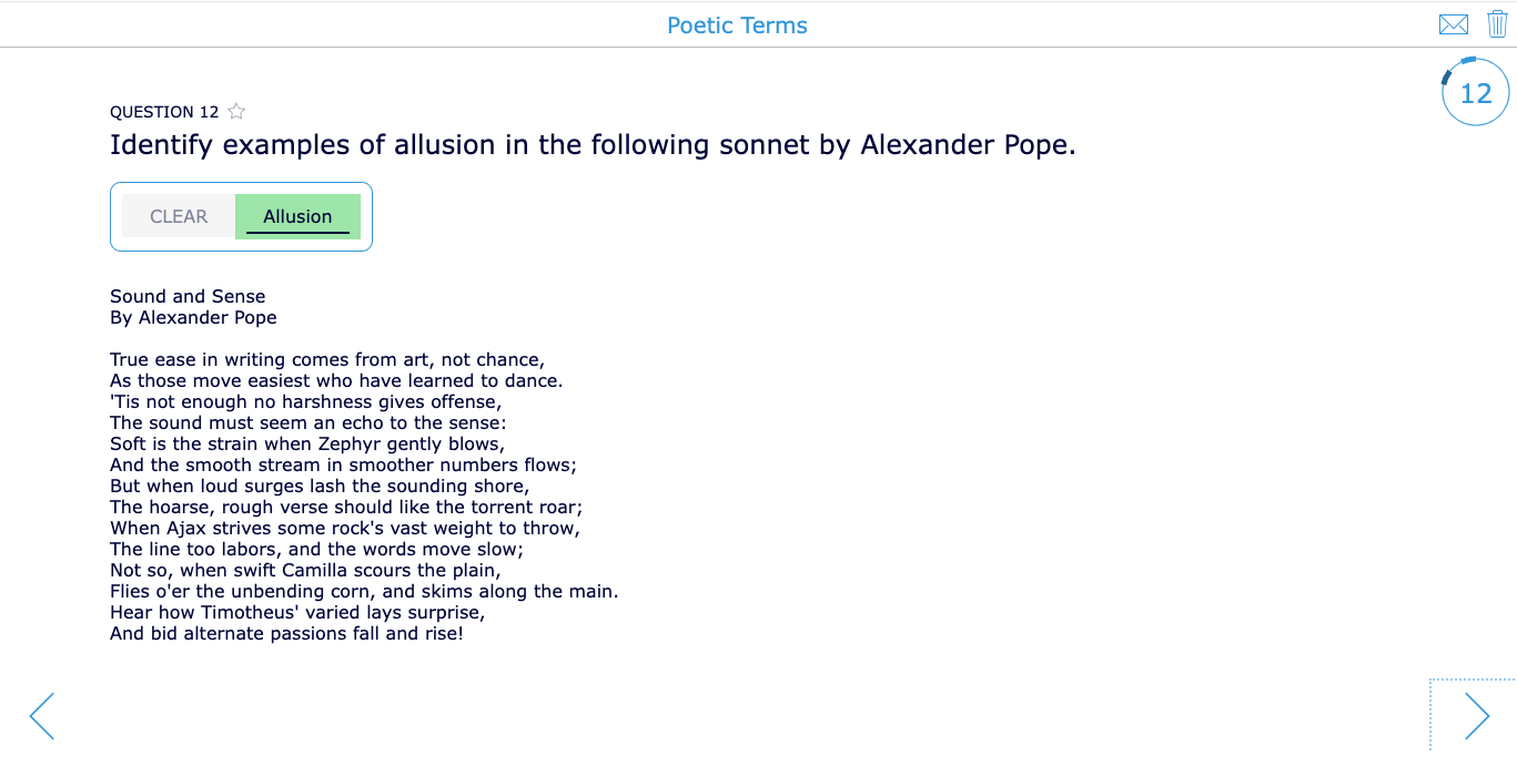 Digital quiz testing students on poetic terminology and techniques