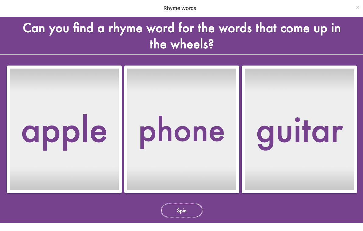 Randomness widget with three-word spinner to brainstorm rhyming poetry words