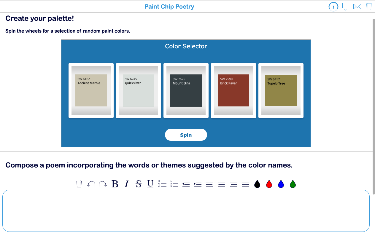 Paint chip poetry random prompt widget for writing color-themed poems