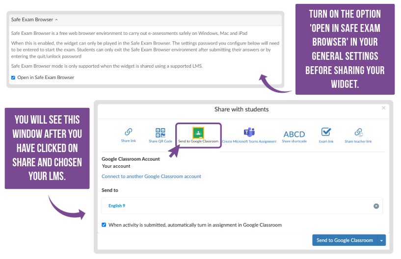 BookWidgets integration with Safe Exam Browser showing secure exam settings to block external websites and require LMS login for student access