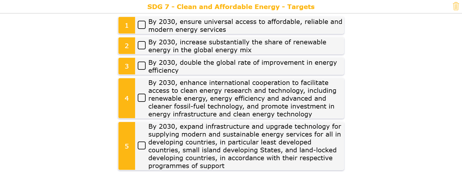 SDG 7 Affordable and clean energy goals checklist