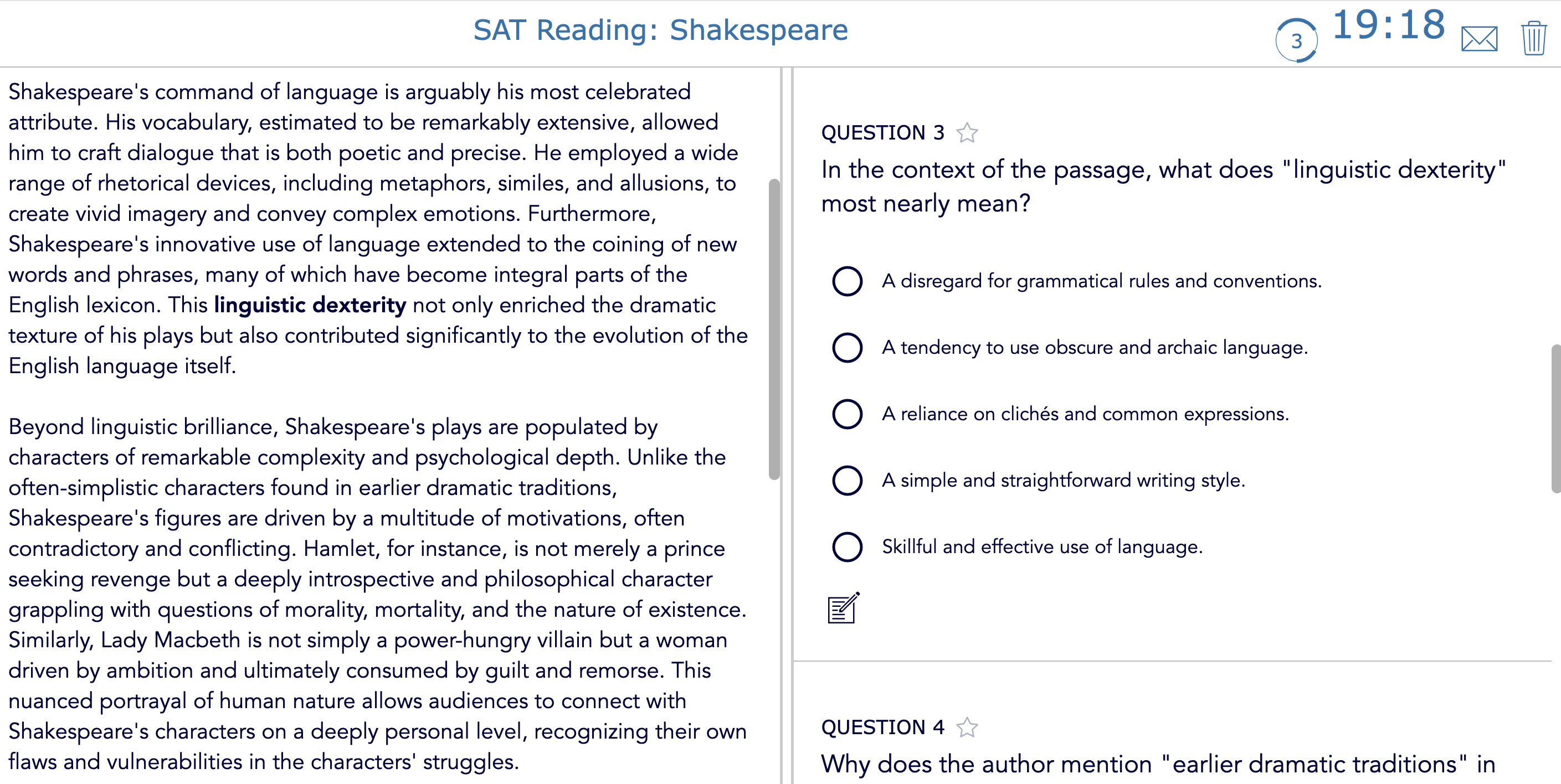 SAT Reading practice test on a Shakespeare passage created with the BookWidgets Split Worksheet, featuring a timer, Scratchpad, and answer rationales
