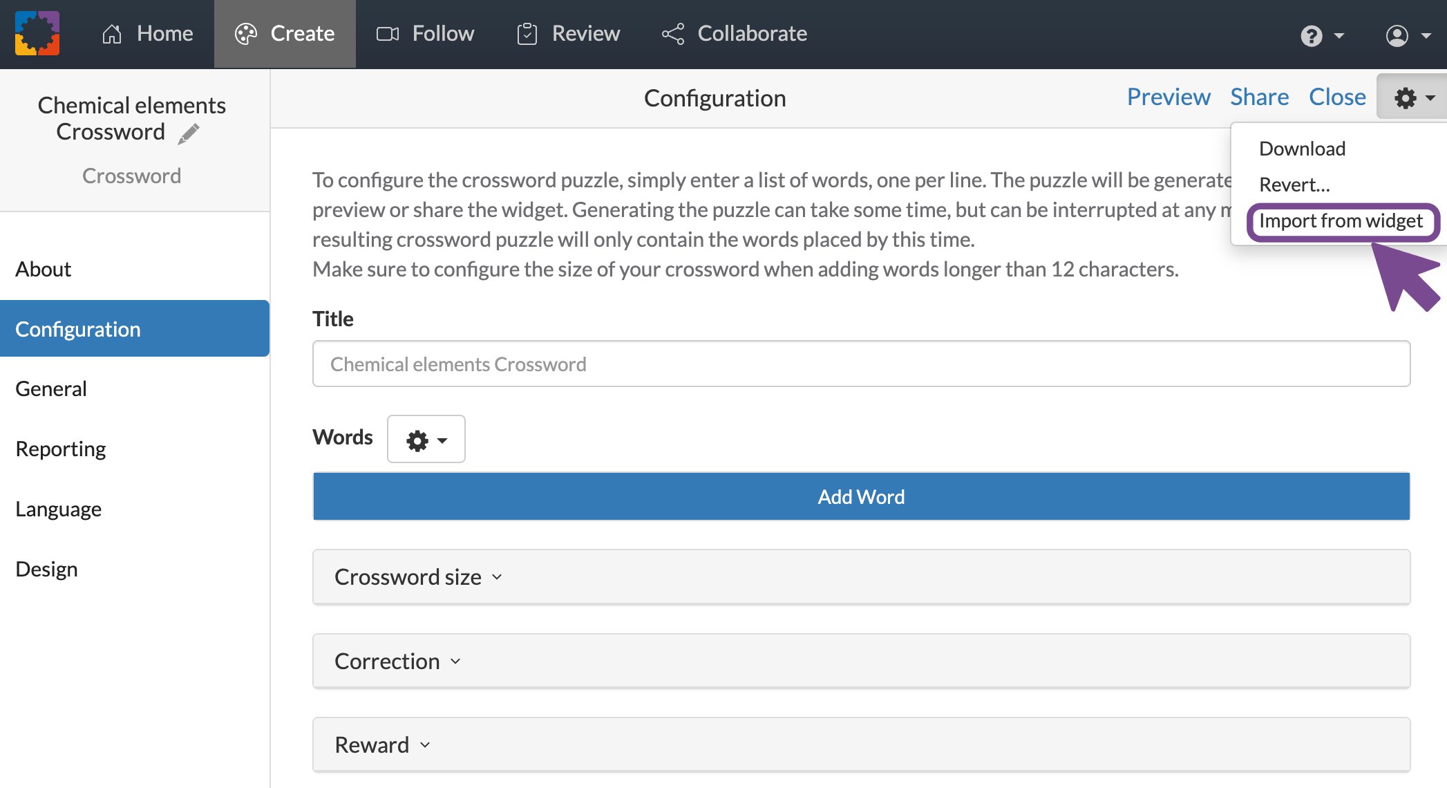 Screenshot of BookWidgets import menu from the cogwheel icon