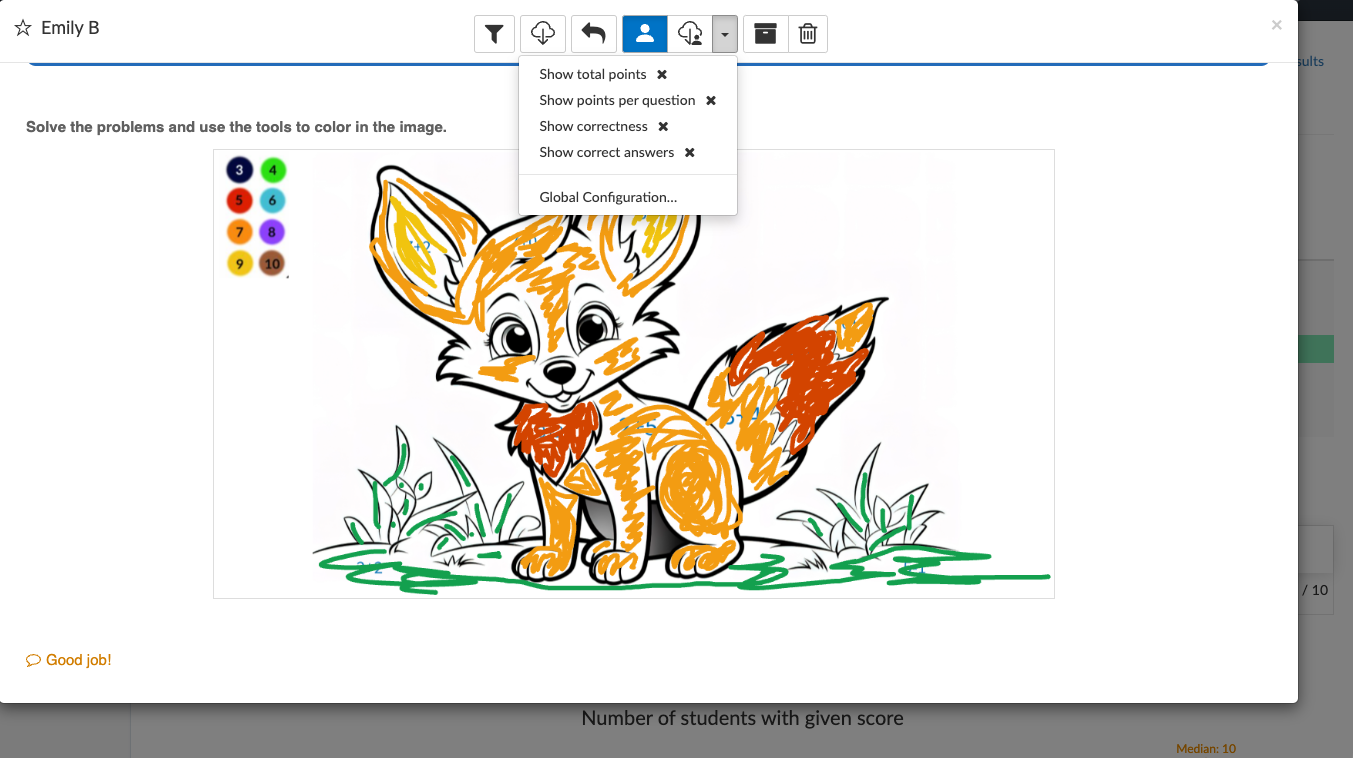 Paint by number fox image in Whiteboard widget for math coloring activity Student Submission