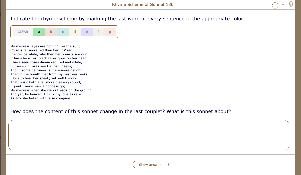 Worksheet activity for identifying rhyme scheme in Shakespearean sonnets