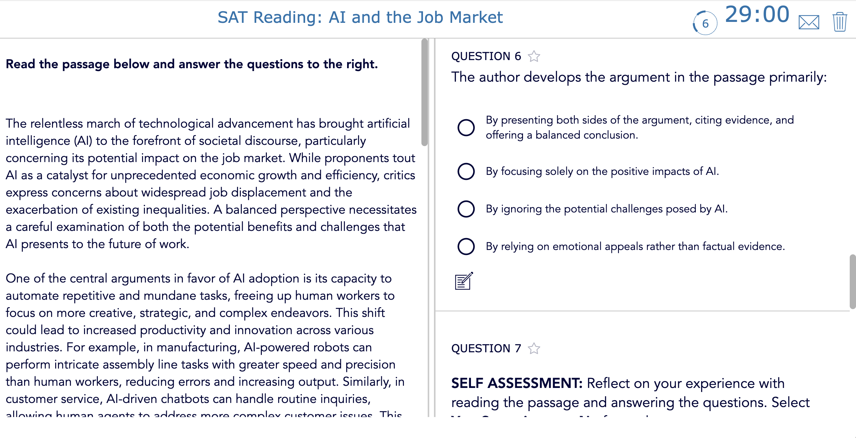 Duplicated SAT Reading practice test created with the BookWidgets Split Worksheet, featuring updated questions, AI-generated rationales, and adjustable timing