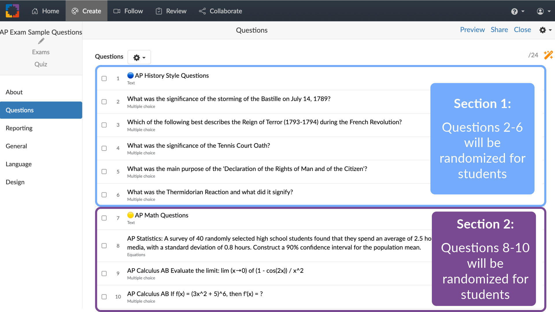 BookWidgets editor view showing how to organize exam sections with randomized questions using the Text Question format and General Settings