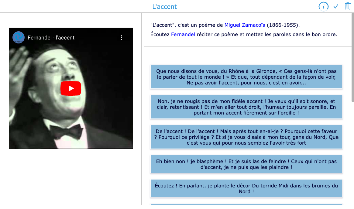Interactive French poem activity with video recitation and drag-and-drop ordering