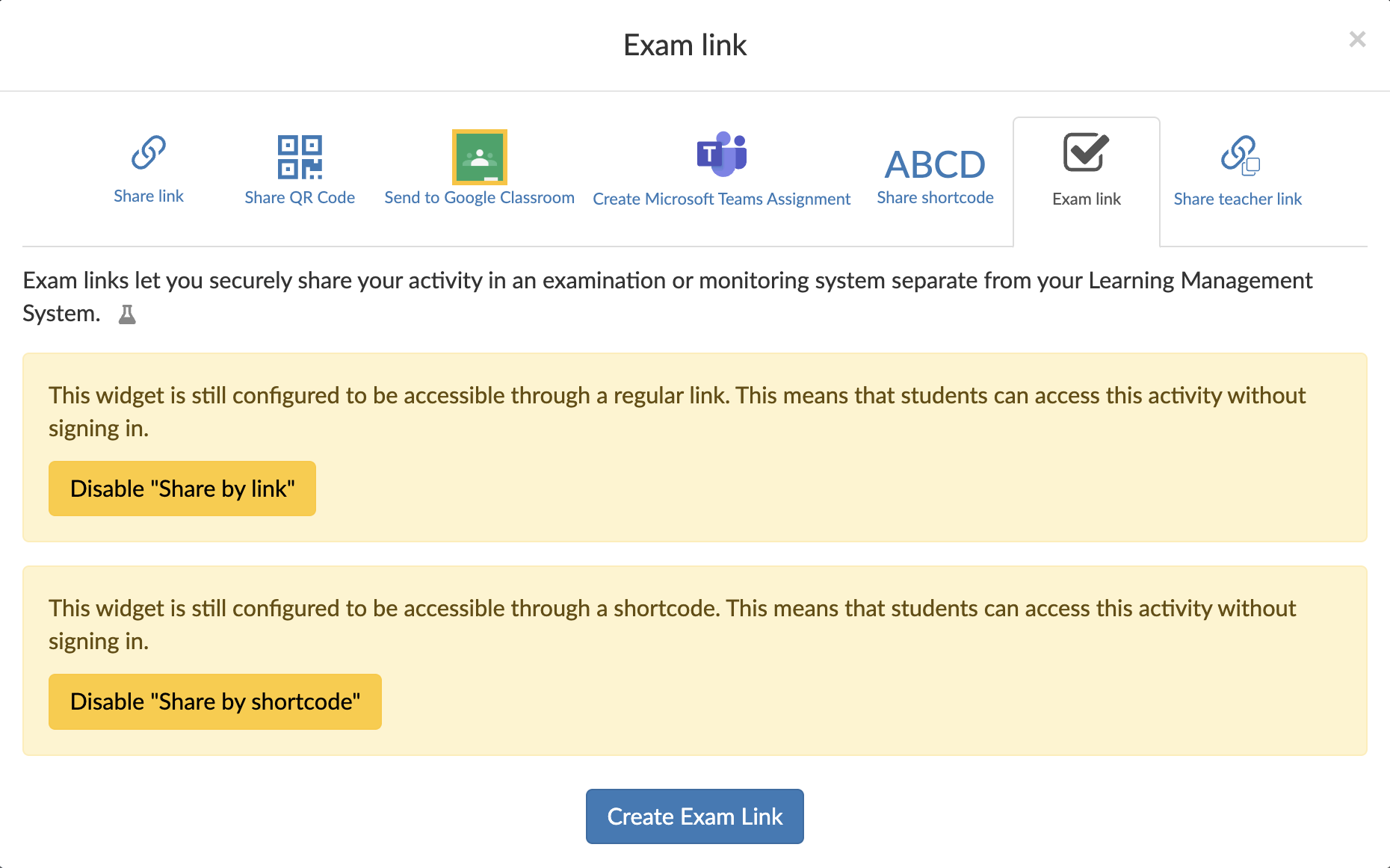 Exam links in BookWidgets - disable other sharing possibilities