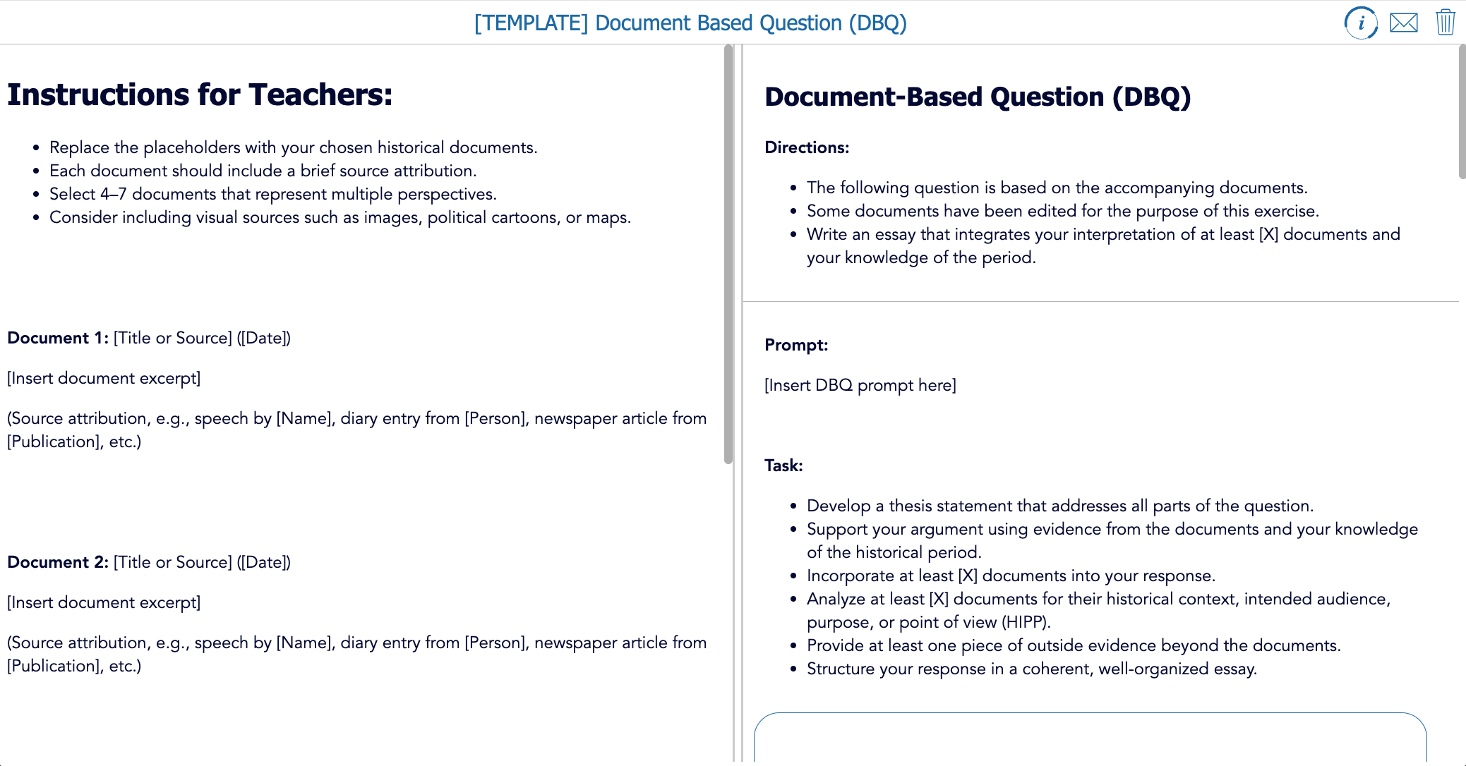 Customizable AP History DBQ template created with the BookWidgets Split Worksheet, featuring embedded documents, prompts, and rubric-based self-assessment