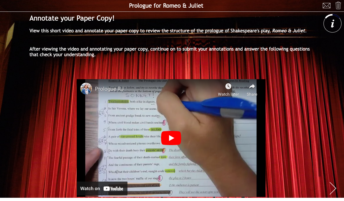 Blended learning quiz with video annotation of Romeo and Juliet’s Prologue