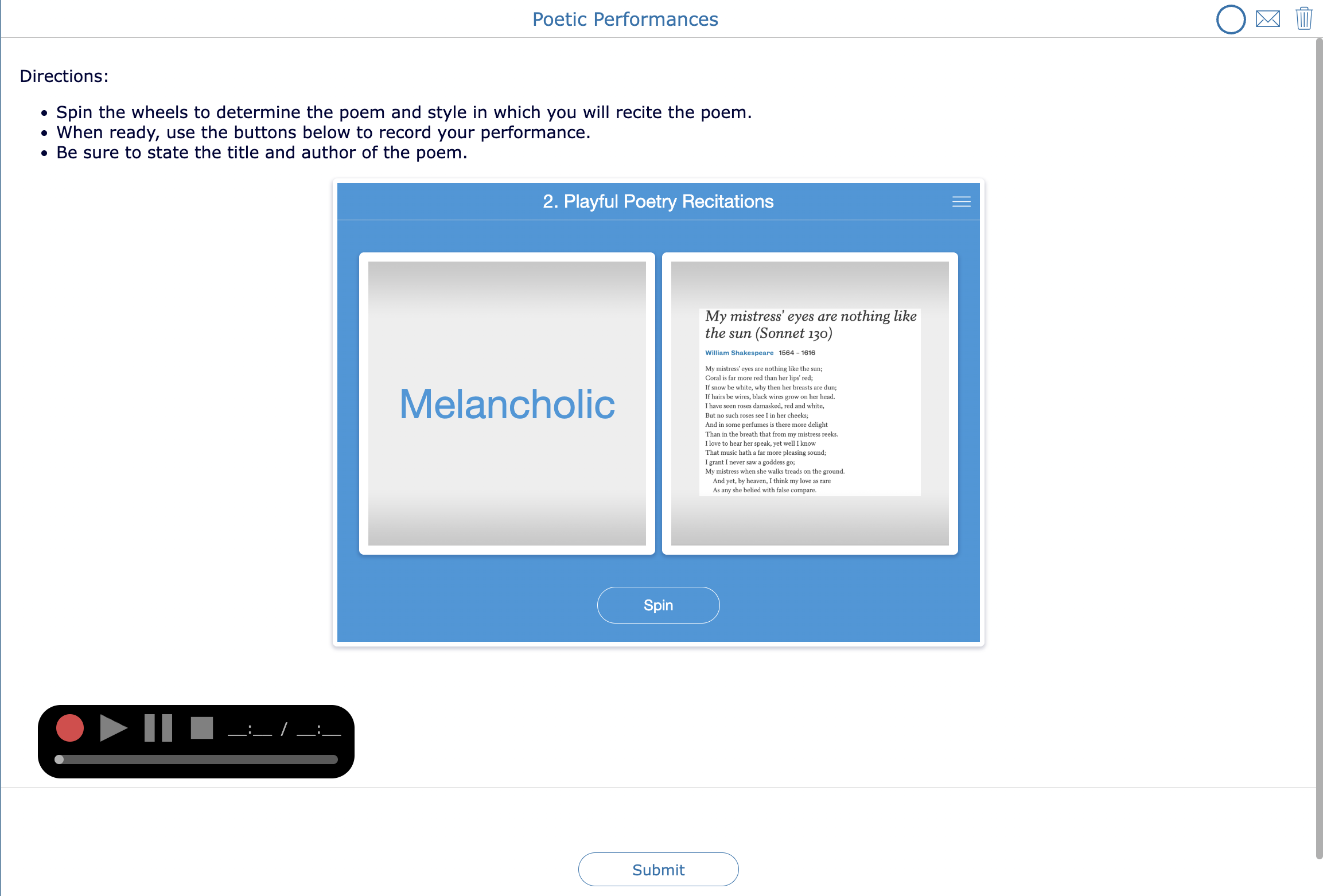 Random poetry spinner for selecting recitation styles and poem choices embedded in an interactive worksheet with voice recorder