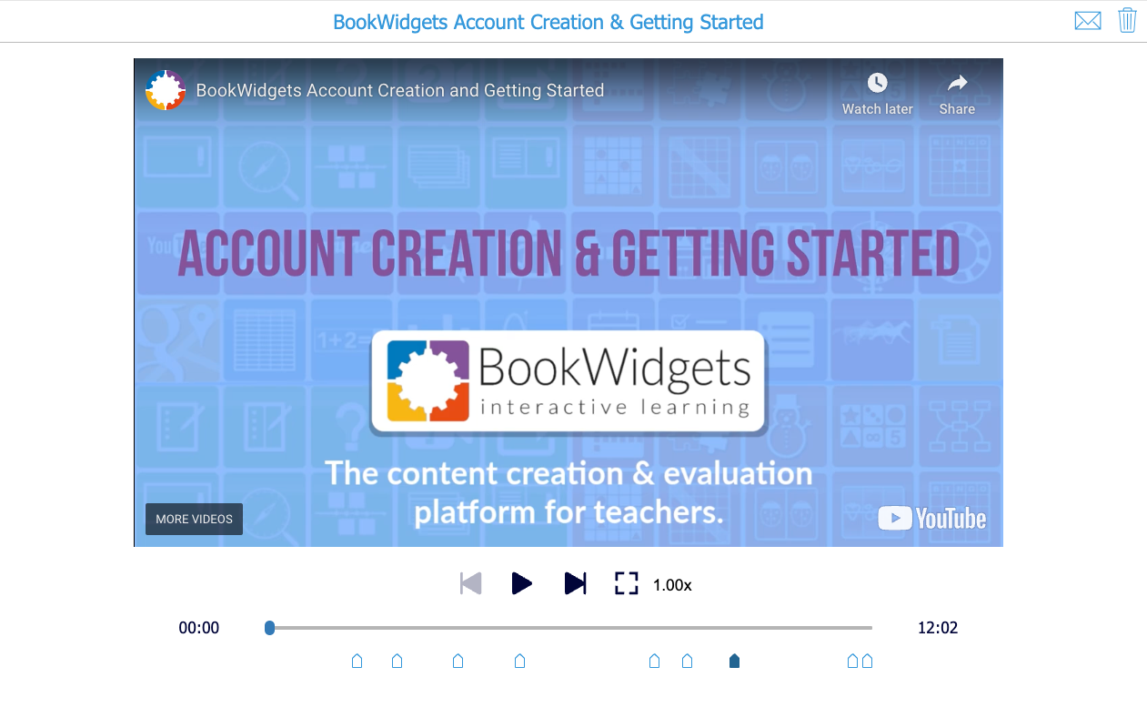 BookWidgets interactive video quiz on account creation and getting started. The video screen shows the BookWidgets logo and text that says 'The content creation & evaluation platform for teachers.'