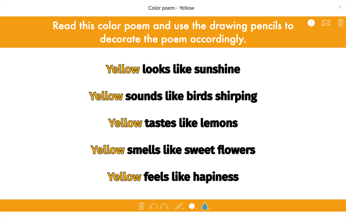 Whiteboard activity where students illustrate a yellow-themed color poem