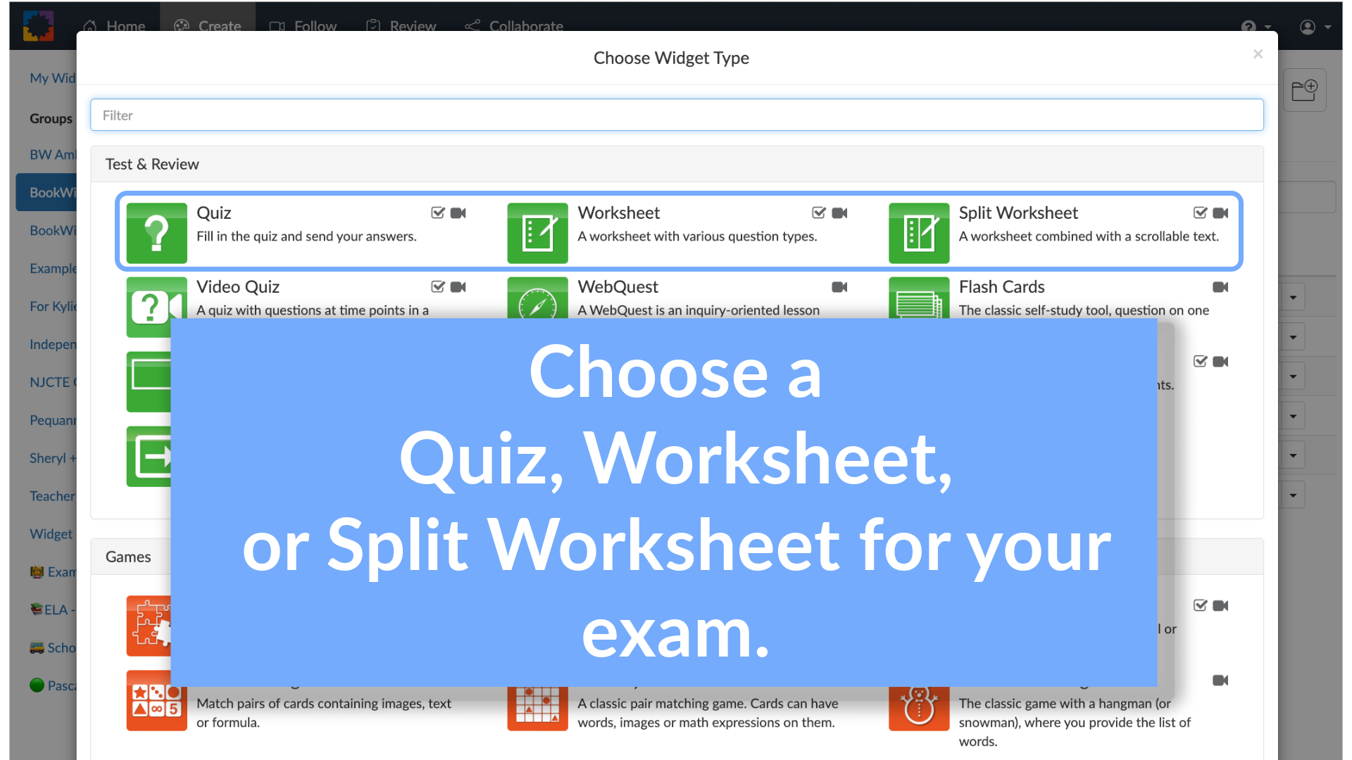 Widget selection interface in BookWidgets showing Quiz, Worksheet, and Split Worksheet options for creating digital exams based on layout and student needs