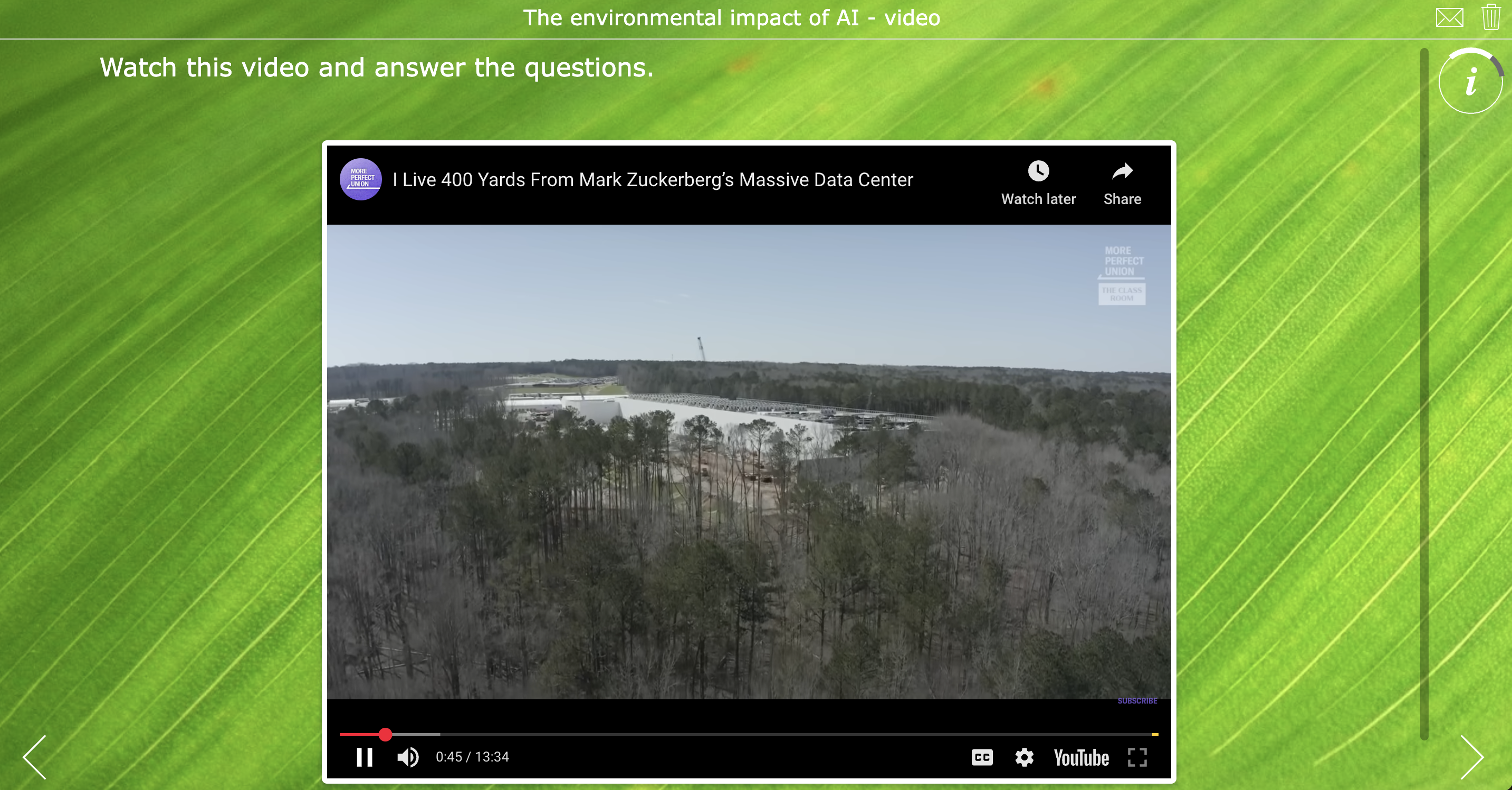 Ready-to-use lesson plan to teach students about artificial intelligence - Video quiz environmental impact